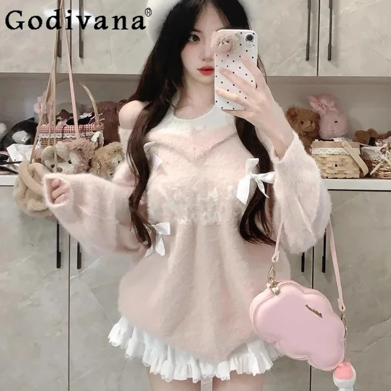 

Fake Two Piece Bow Off Shoulder Sweater for Women Loose Velvet Knitted Top Female Autumn Winter Outerwear Pullover Sweater