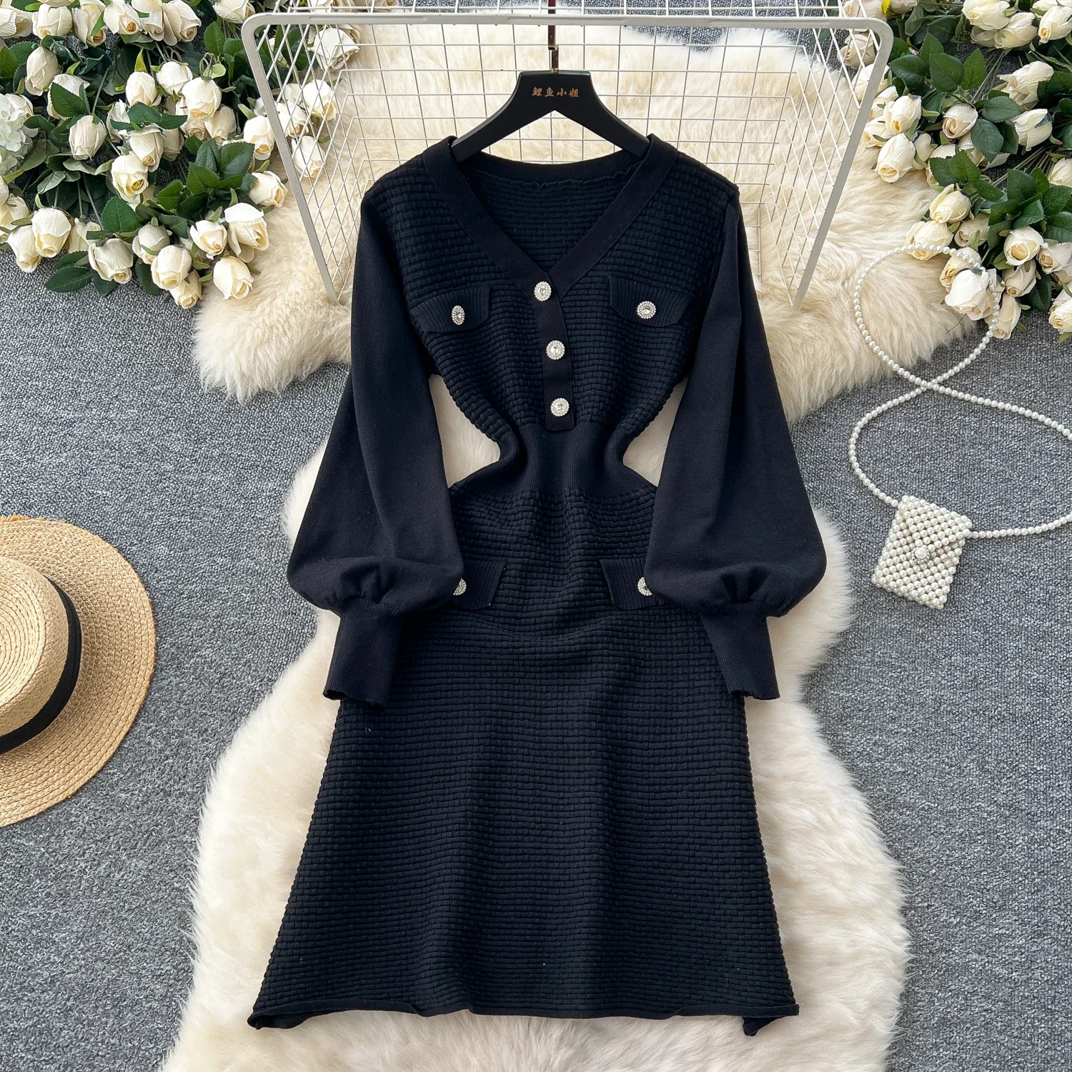 Elegant Long Lantern Sleeve Vintage V-neck Chic Diamonds Buttons Slim Knit A-line Dress Office Lady High Street Winter Clothing