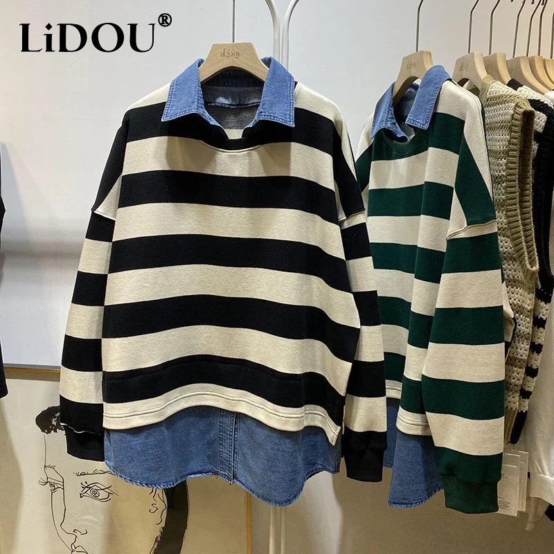 Spring Autumn New Turn-down Collar Fashion Tops Long Sleeve Sweatshirts Women Striped Contrast Color Fake Two Pieces Pullovers