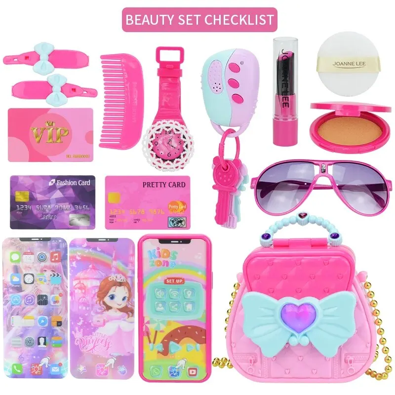 Girl Purse with Play Makeup Kit, Little Kids Pretend Make Up Handbags with Pink Cosmetics Accessories, Purse Toys