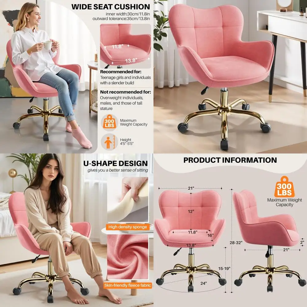

Pink Adjustable Height Vanity Chair with Wheels for Bedroom and Makeup Use