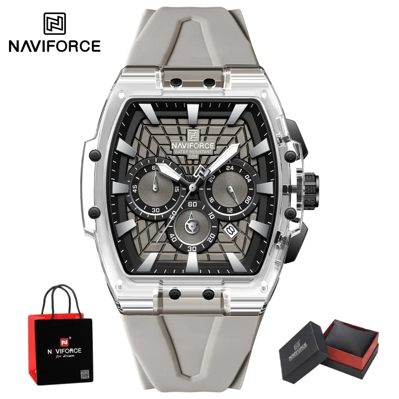 NAVIFORCE Mens Sport Watches 5ATM Waterproof Chronograph Tonneau Silicone Strap Luminous Casual Quartz Male Wristwatch Gifts box