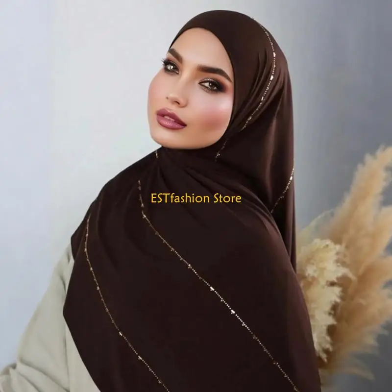 

Y5GC Rhinestones Decorated Silk Cotton Headscarf Breathable Womens Scarf Stylish Hair Cover Multipurpose Fashion Wrap
