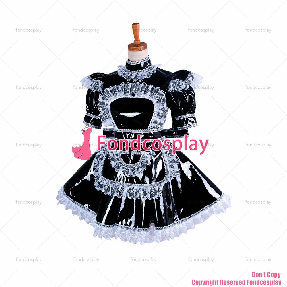 Fondcosplay adulto sexy cross dressing sissy maid short Black heavy Pvc Dress bloccabile uniforme Cosplay Costume CD/TV[G350]