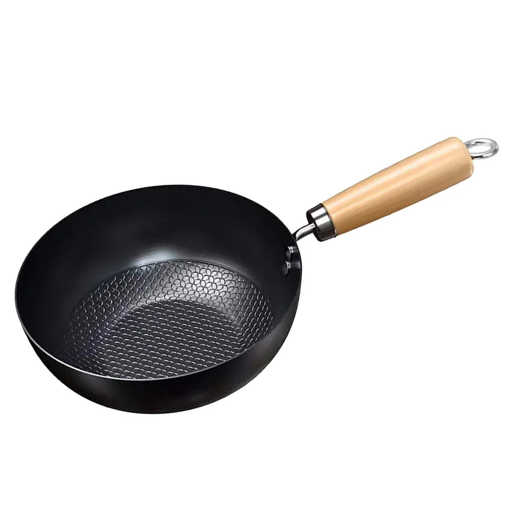 Wok Pan Mini Work Non Stick Frying Pans Camping Round Bottom Small Cooking Pot for Gas Stove Iron Wooden