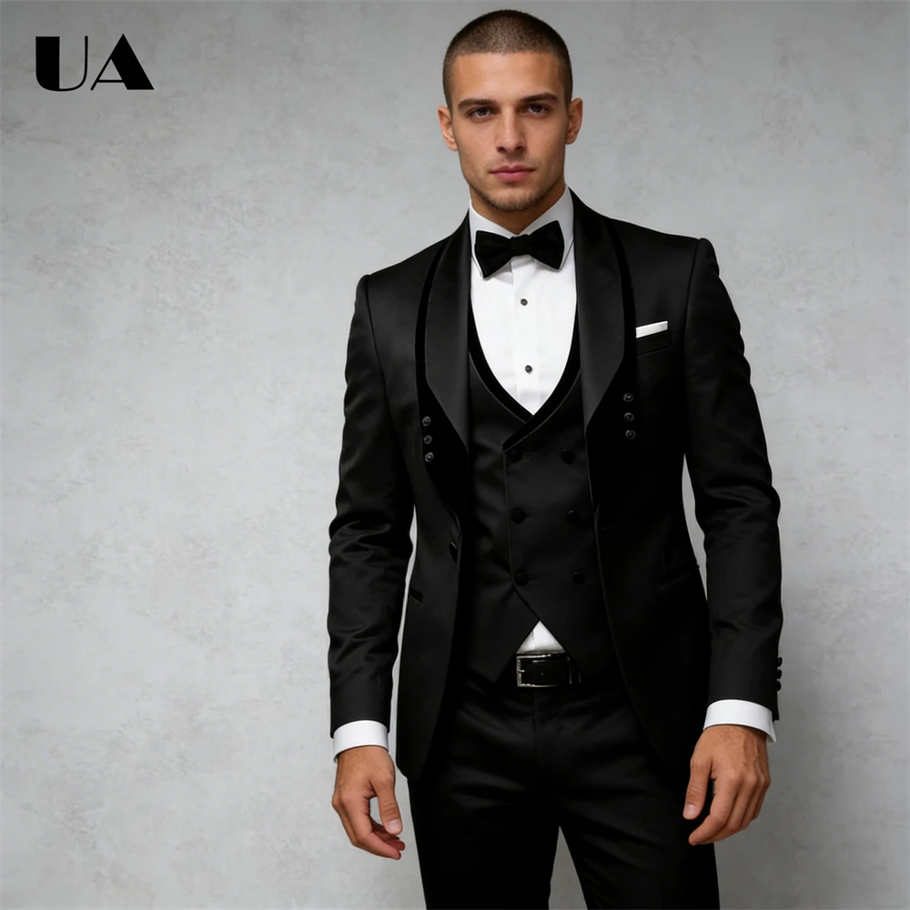 Fashionable Black Suit Set, Men's 3-Piece Suit Set (Jacket Vest Pants) Tailored Fitting Tuxedo Prom Suit Attire Costume for Men