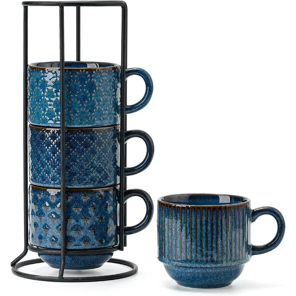 

Набор из 4 штабелируемых кофейных кружек с подставкой, 15 унций, подходит для латте, чая, горячего шоколада - можно мыть в посудомоечной машине и использовать в микроволновой печи, синий цвет