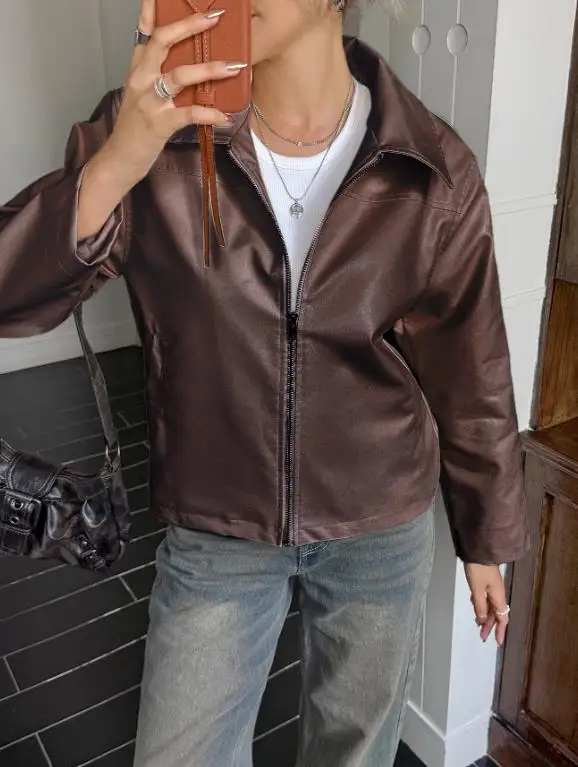 2025 Autumn/Winter New Women's Fashion Casual Retro Long Sleeve Leather Jacket Women's Wear