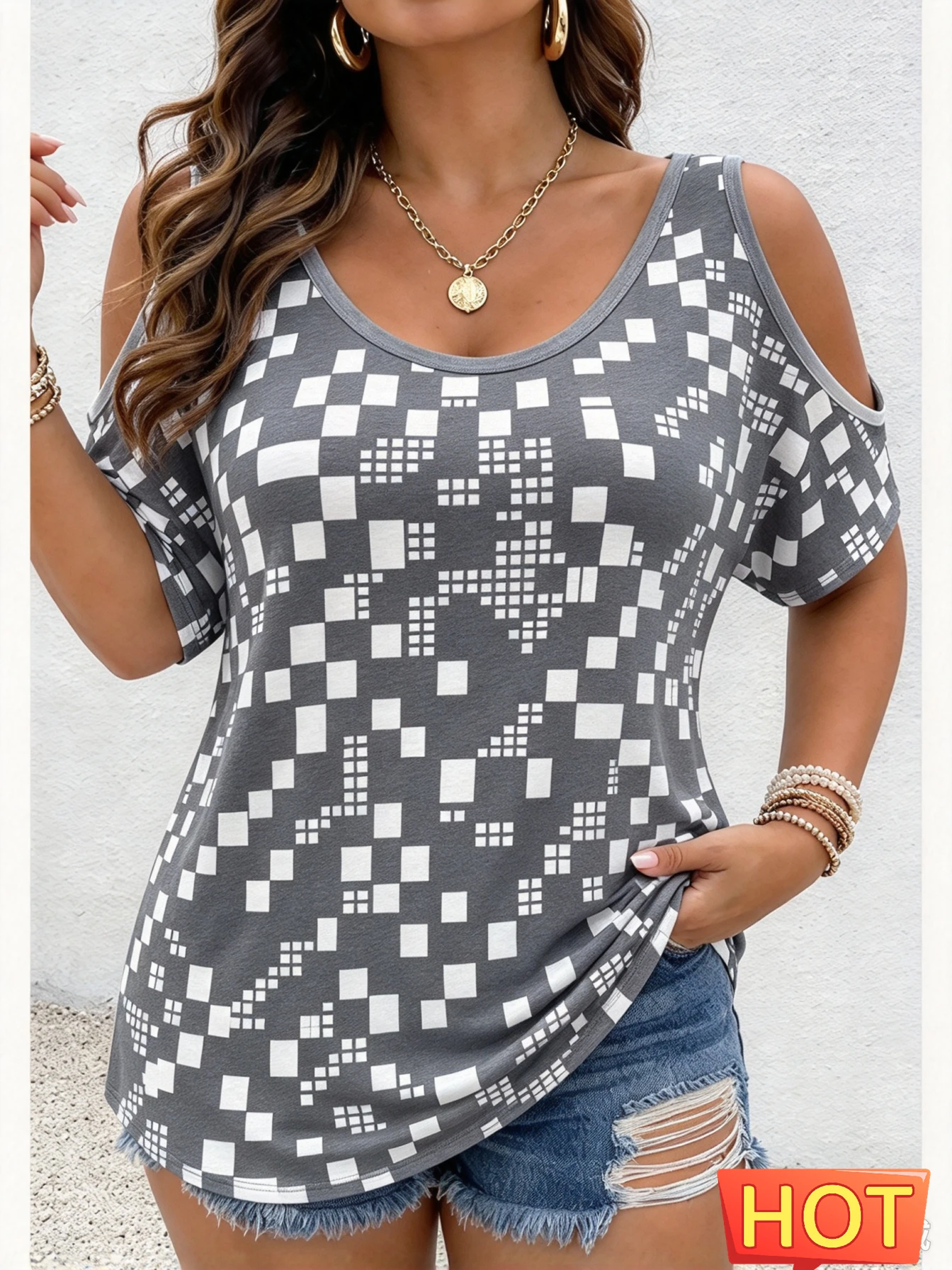3D Geometric Grid Print Women's T-shirt Fashion Loose Cold Shoulder Tops Summer Casual O-neck Short Sleeve Tees Female Clothing