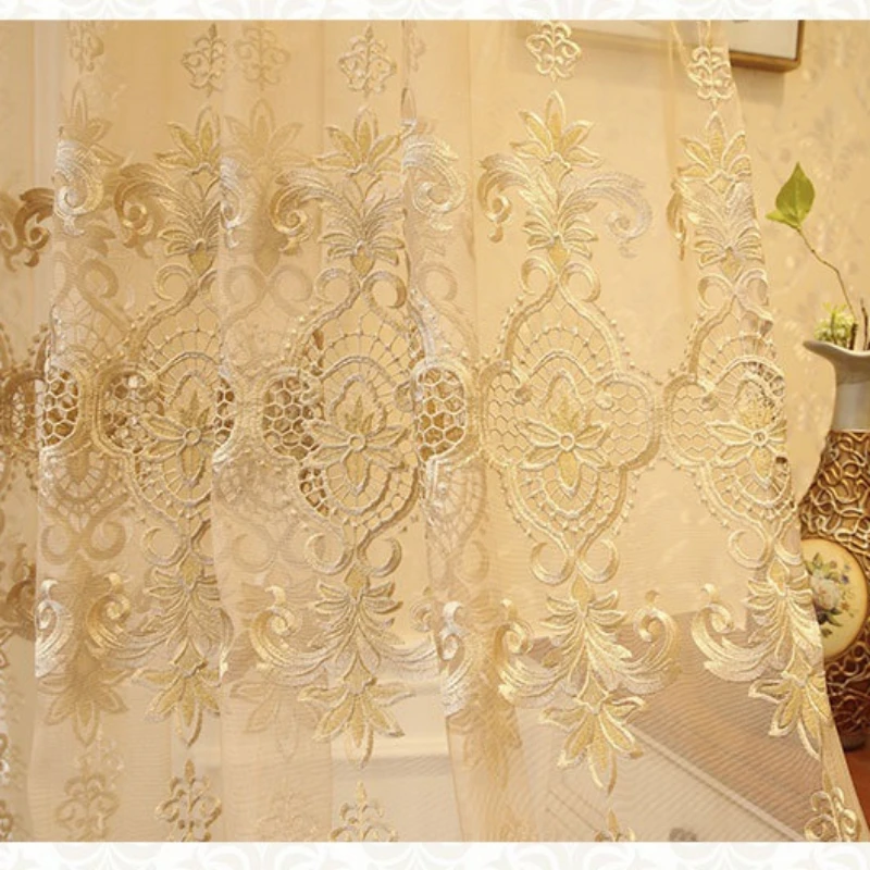 

European atmospheric hollow water-soluble embroidered window screen beige gauze Curtains for Living Dining room Bedroom custom