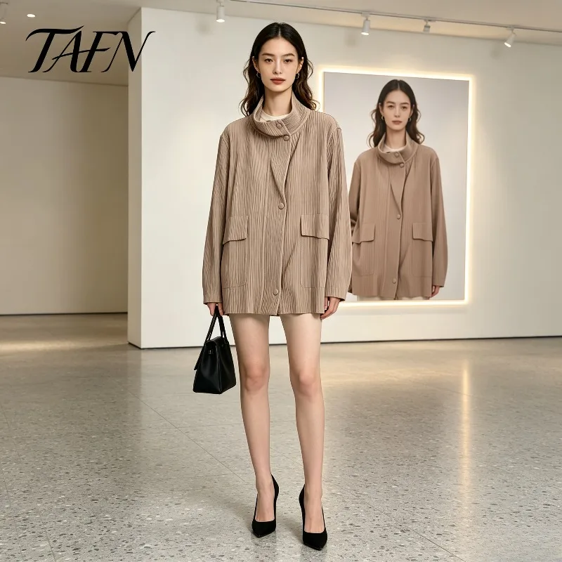 Miyake Pleated 2026 Autumn New Solid Color Thick Toothpick Stand Collar Loose Plus Size Cardigan Commuter Versatile Jacket Pleat
