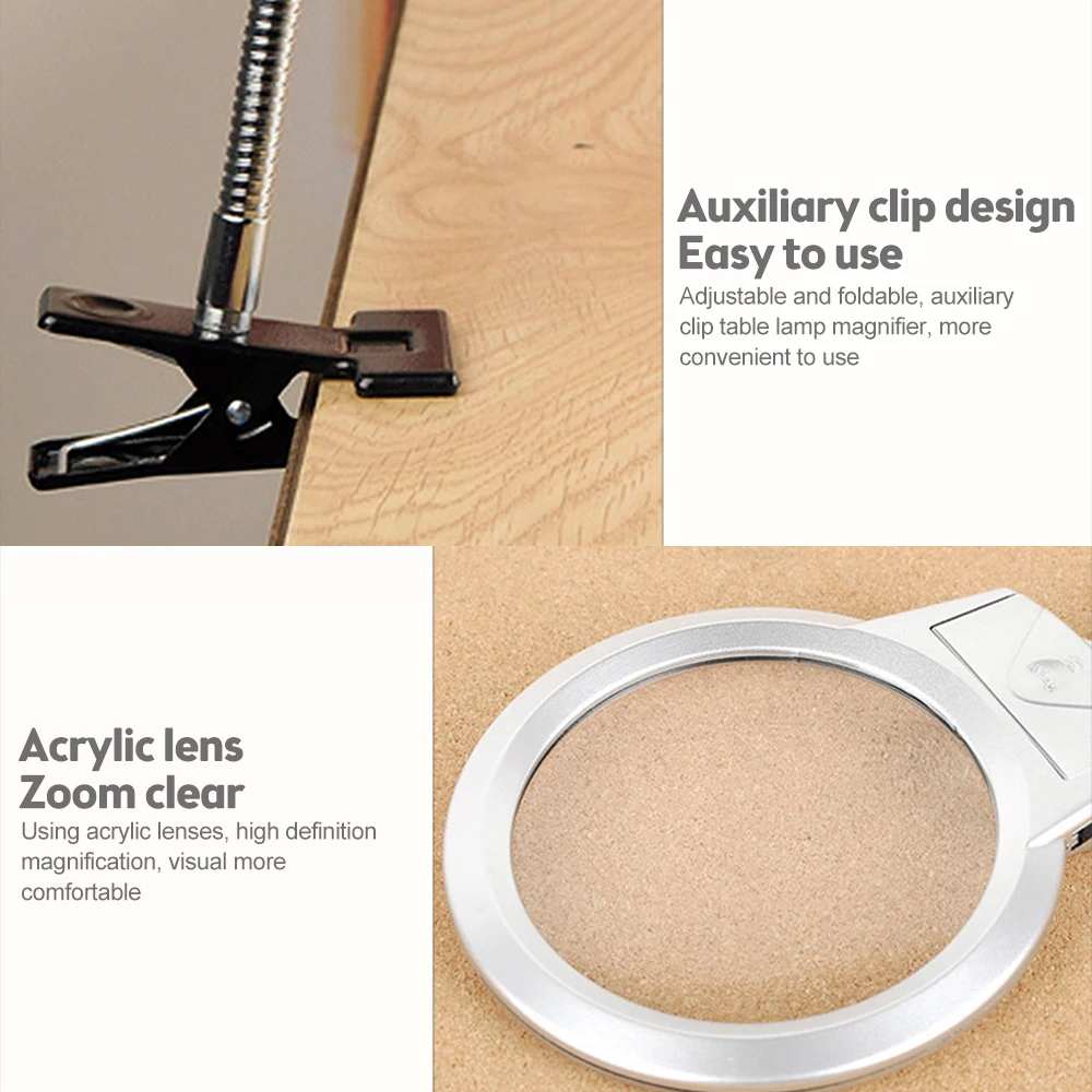 5X照らされた拡大鏡光フレキシブル回転デスクトップ拡大ガラスはんだ付け鉄ランプ修理クリップLEDランプ付き