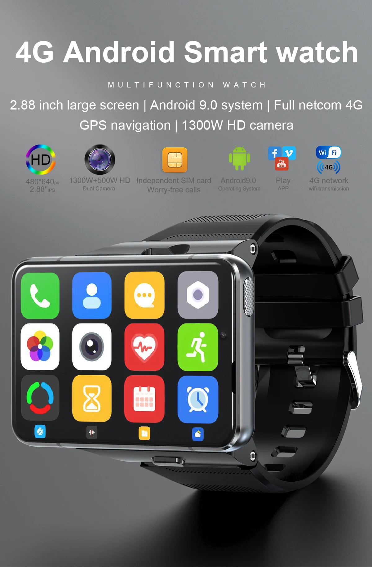 4GB+64GB Android 4G Smart Watch Sim Card Smart Watch with  PPG for Elderly People