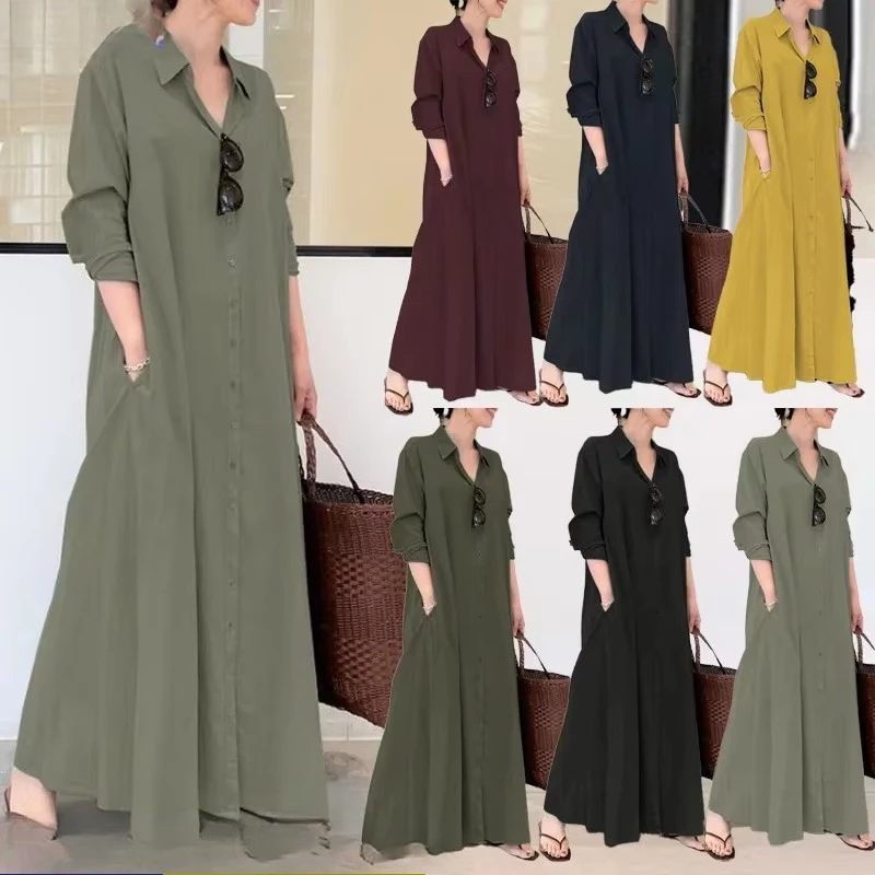 Sukienki rozpinane w stylu kardigan, sukienki muzułmańskie, damskie bawełniane sukienki w jednolitym kolorze z kołnierzykiem, sukienki koszulowe z długim rękawem, eleganckie, proste, codzienne abaje.