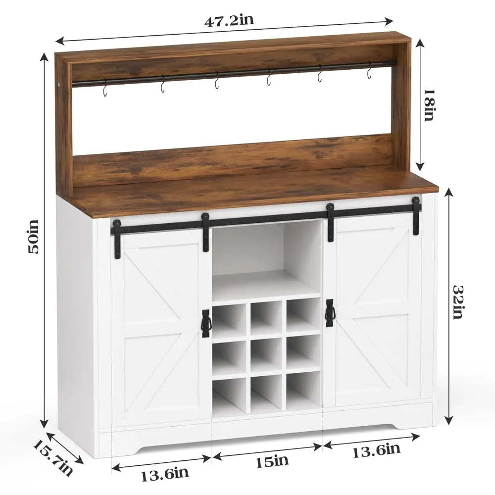 47 "Farmhouse Sideboard kabinet prasmanan dengan pintu geser, rak anggur & 6 kait, Kabinet Bar anggur untuk ruang makan rumah