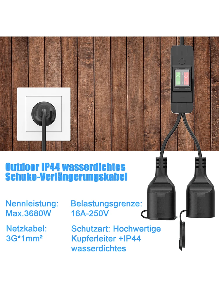 European standard one two open extension cable with switch indicator light,waterproof and dustproof cover 50cm*1 square,black