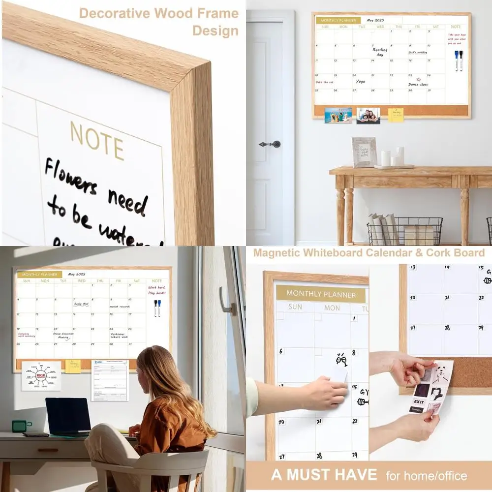 

Магнитный календарь сухого стирания 36x24 с пробковой доской, настенный ежемесячный планировщик для дома, офиса и школы, бежевый