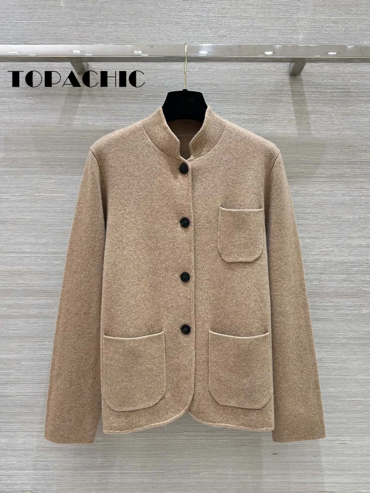 8.22 TOPACHIC Women Cashmere Knit 2 Piece Set Stand Collar Three Pocket Single Breasted Cardigan Or High Waist Straight Pants