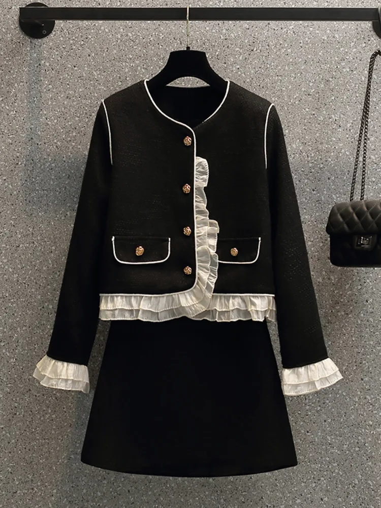 

Women French Vintage Fragrance Two Piece Sets Korean Casual Ruffles Patchwork Tweed Cardigans+skirts Sets 2023 Women Clothing