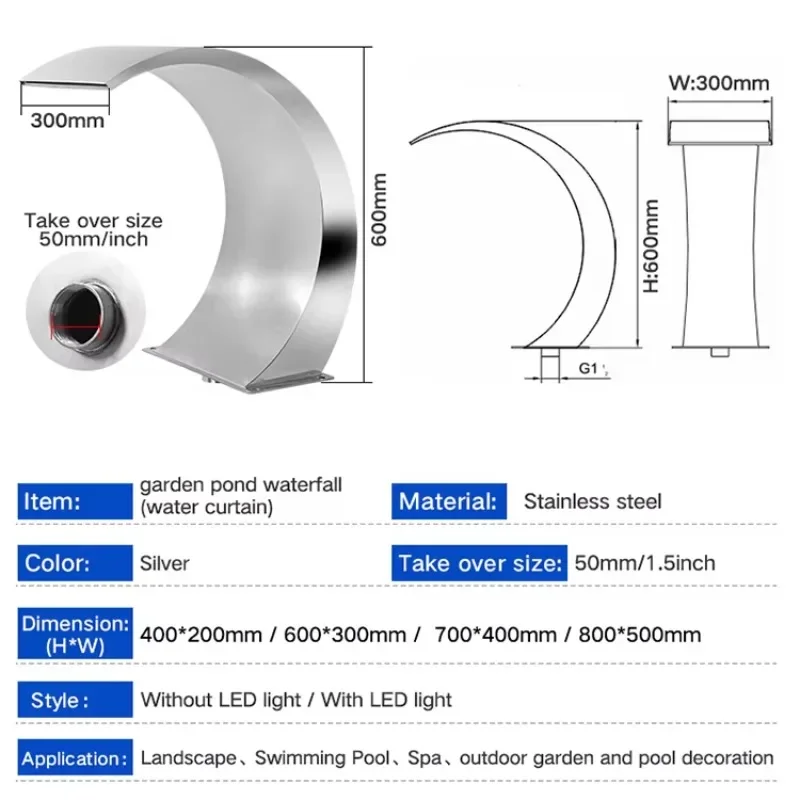 Fontana per massaggio sauna con ugello per piscina ad arco a cascata per piscina in acciaio inossidabile adatta per cortile da giardino interno ed esterno