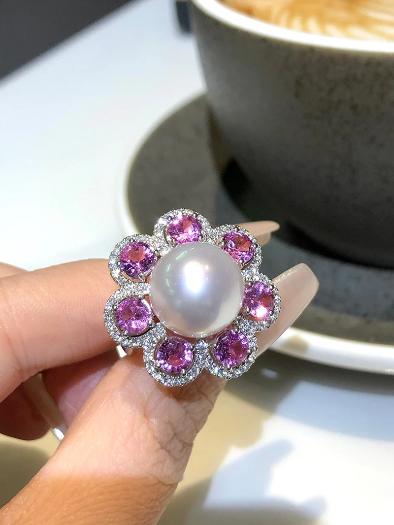 KUGG PEARL18K White Gold Rings 12-13mm Real Natural Australian Pearl Ring Flower Design Pink Sapphire Luxury Women's Jewelry