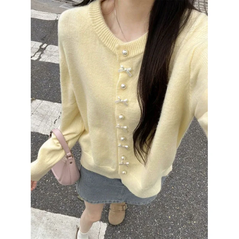 

Women Casual Loose Round Collar Sweater Jacket Long Sleeve Long Sleeve Cardigan Yellow Sweet Cute Bow Decorate Knitted Cardigan