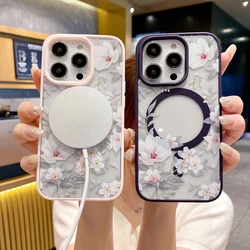 For Wireless Charging Phone Case For iphone 15 13 14 12 11 Pro Max Floral Matte Shockproof Magnetic Back Cover Cases Shell