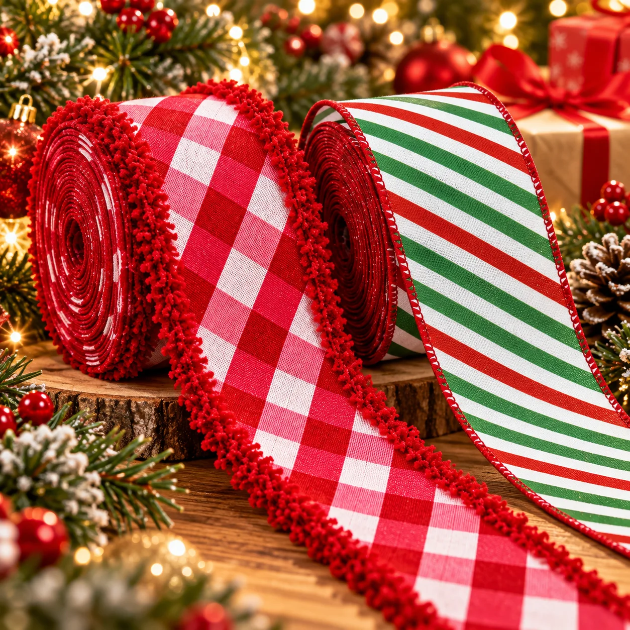 5yards 6.3cm Christmas Buffalo Plaid Ribbon Red Green Check Wired Edge Tassel Trim for Gift Wrapping Xmas Tree DIY Crafts Decor