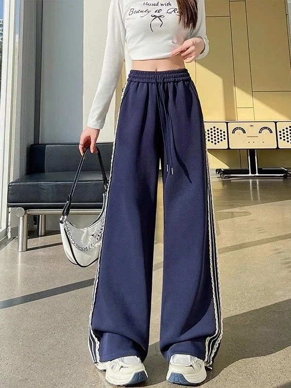 

Спортивные брюки больших размеров с высокой талией и широкими штанинами, повседневные, весенне-осенние, с кружевной отделкой и полосками