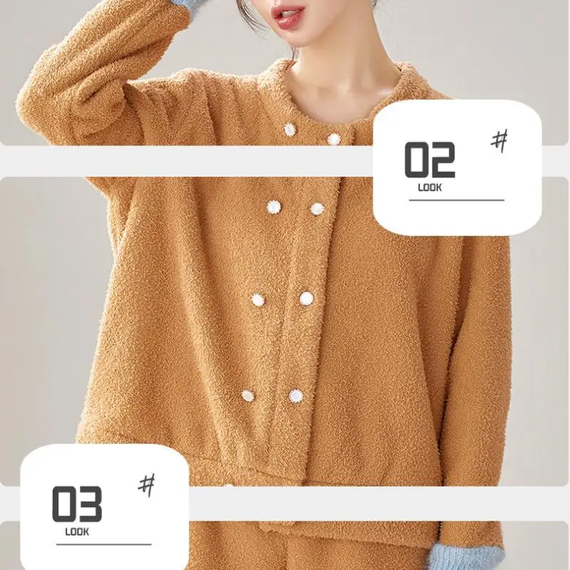 Осенне-зимние женские пижамы с полуворсом на флисовой подкладке, удобная одежда для сна, коралловый флис, сохраняющая тепло, пижамный костюм, домашняя одежда