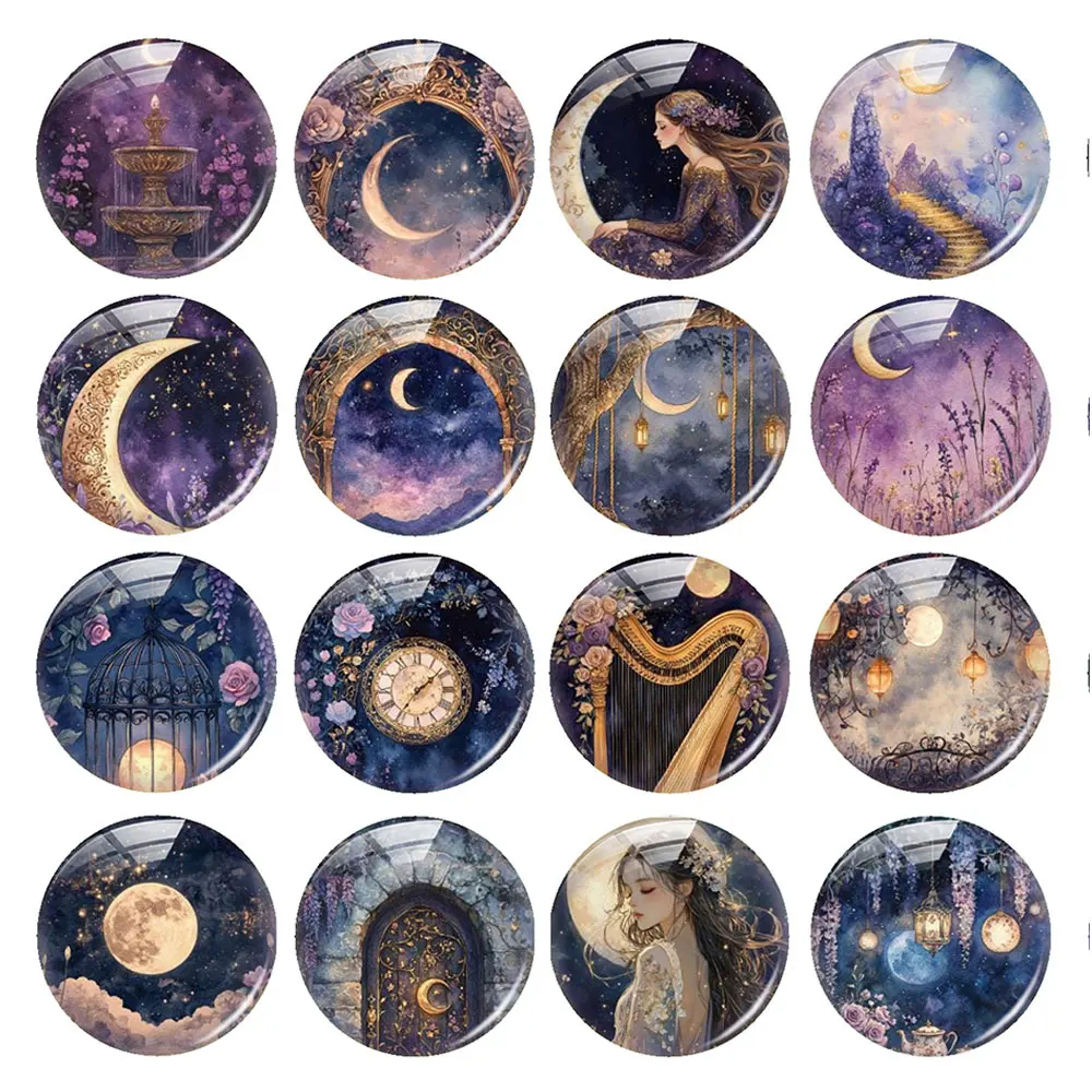 Random Mixed Round/Oval/Square Purple Moon Night Fairy Flower Photo Glass Cabochon Flatback Demo Cameo For Diy Jewelry Making