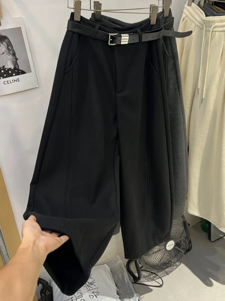 

Женские теплые шерстяные брюки-бананы с высокой талией и широкими штанинами, осенне-зимние, повседневные, однотонные, прямого кроя