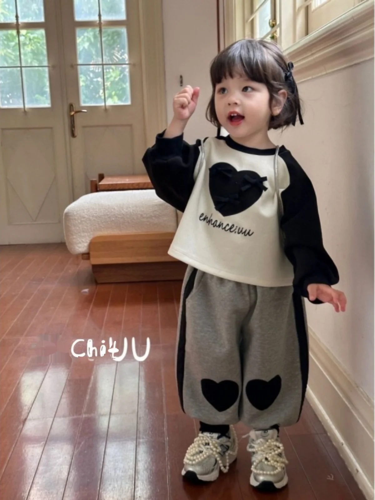 Baby Girl Hoodie Set Long Sve Heart Print Two-Piece Outfit Spring Autumn Korean-sle Children's Wear Comfortable Cotton B...