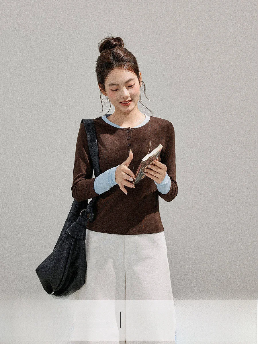 

Женская повседневная трикотажная футболка с длинным рукавом, облегающая, с цветовыми блоками, для ранней осени, модная, шикарная, Linyunyun