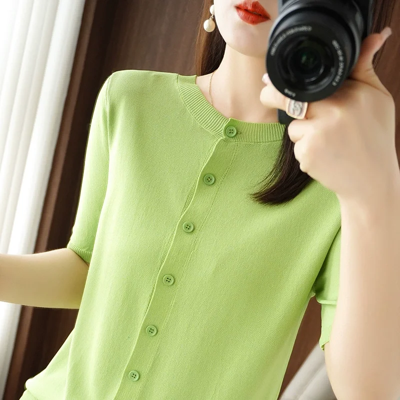 

Летний новый круглый Ne Ice Silk ort Sve женский вязаный свободный повседневный T irt тонкий базовый цвет двухсторонний модный топ