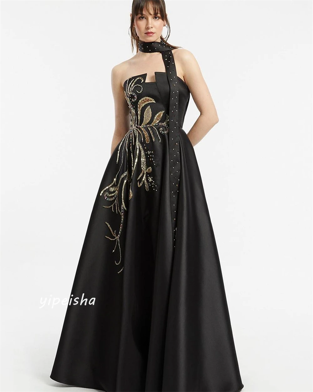 Customized  Evening Saudi Arabia s Sequined Draped Pleat Wedding Party A-line Strapless Bespoke Occasion Gown Long Dresses