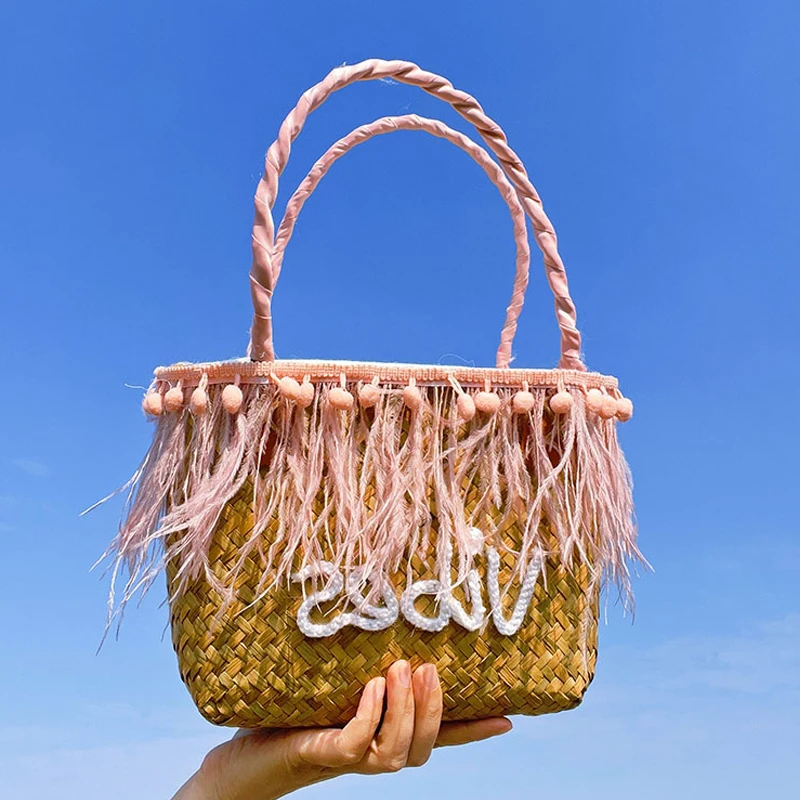 

2023 Tassel Straw Woven Bags for Women Pink Color Girls New Style Straw Purses and Handbags Holiday Travel Female Grass Totes