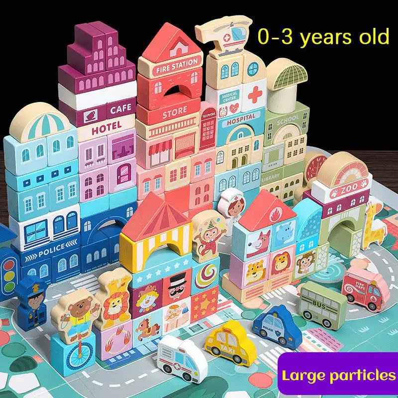 

120Pcs Wooden City Traffic Scenes Building Blocks Game For Kids Early Educational Colour Geometric Shape Assembled Children Toys