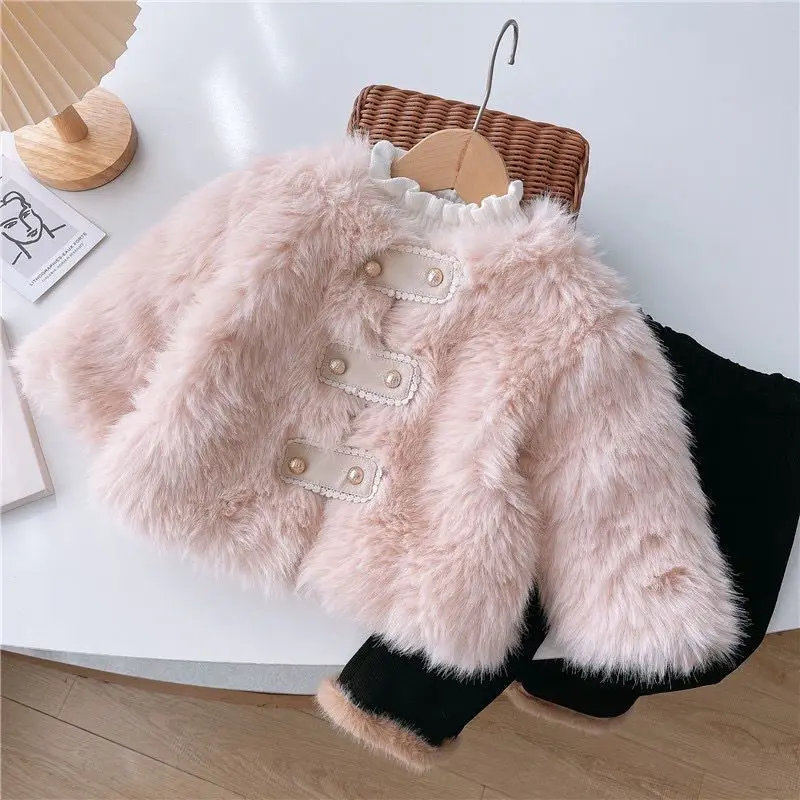 Winter Clothes for Girls Coat 2023 New Fashion Korean Cotton-padded O-neck Lave Jewelry Double-breasted Solid Color Pincess