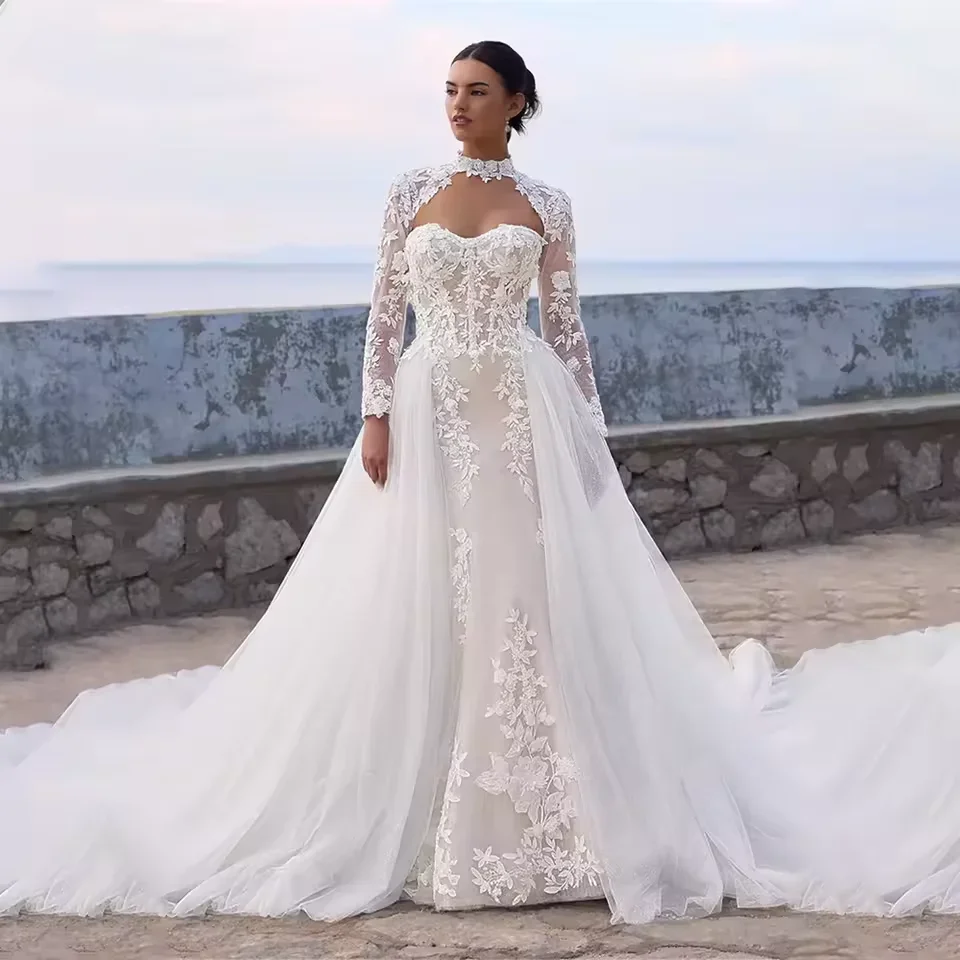 

Индивидуальные очаровательные свадебные платья-русалка со съемной жакеткой, кружевной аппликацией и отстегивающимся шлейфом (Vestidos De Novia)