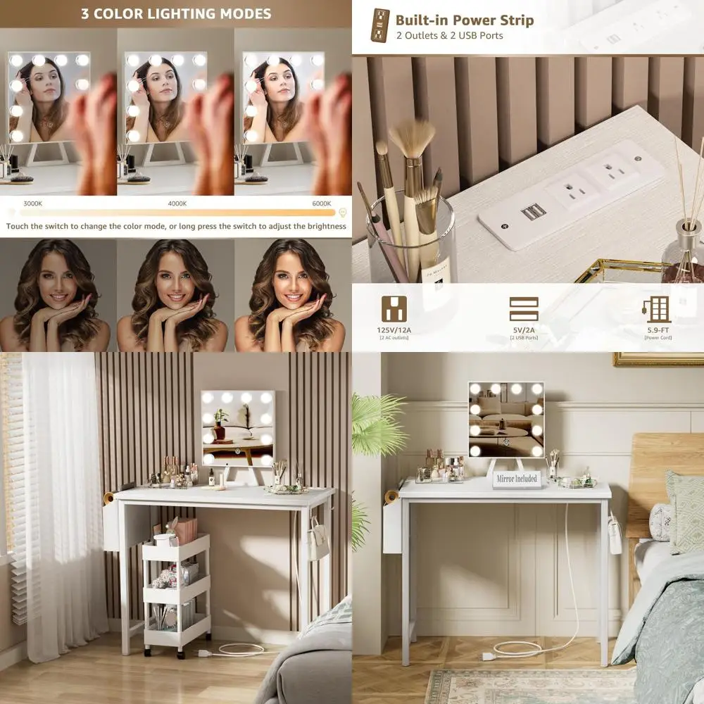 

Illuminated Vanity Desk with Mirror for Makeup and Outlet, Compact Makeup Table for Small Spaces