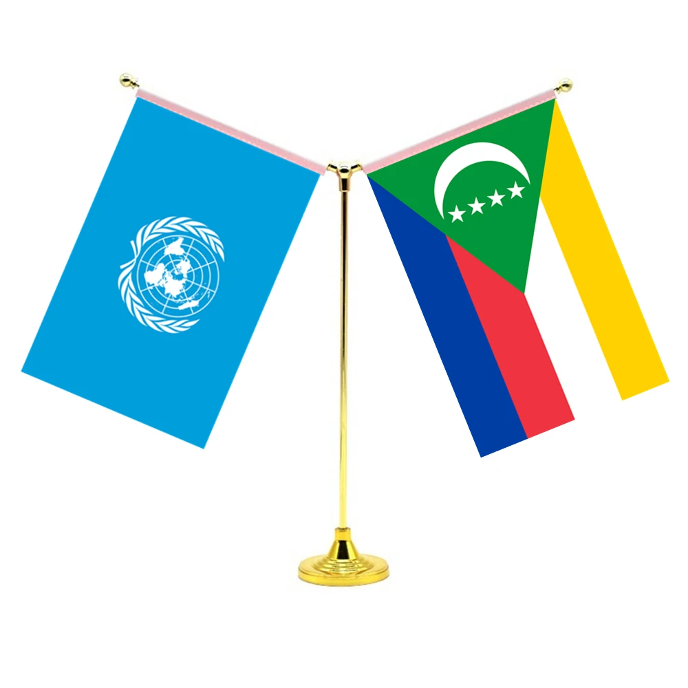 

14x21cm Mini Comoros Flag Office Decoration With Two Flags Of The United Nations And Comoros