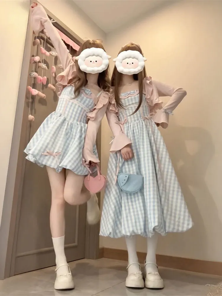 

Princess Style Knot Bloomer Dress Pink Knitted Sunscreen Shawl Women's Two-Piece Set Summer Fashion Ensemble