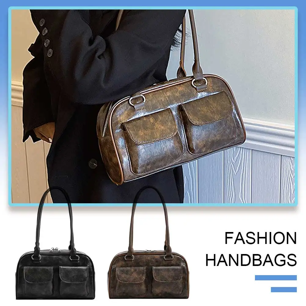 

Women Fashion Armpit Bag Double Pocket PU Vintage Shoulder Bag Solid Color Stylish Underarm Bags Large Capacity Retro Handbag