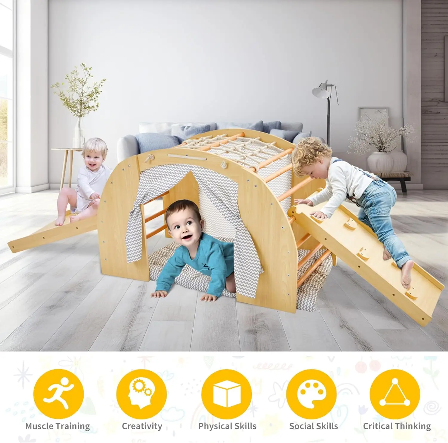 Jouets d'escalade pour tout-petits, 1 grimpeur d'arc avec 2 rampes pour coulisser ou monter, maison de gymnastique de jeu en bois d'intérieur avec coussin de tente et faire