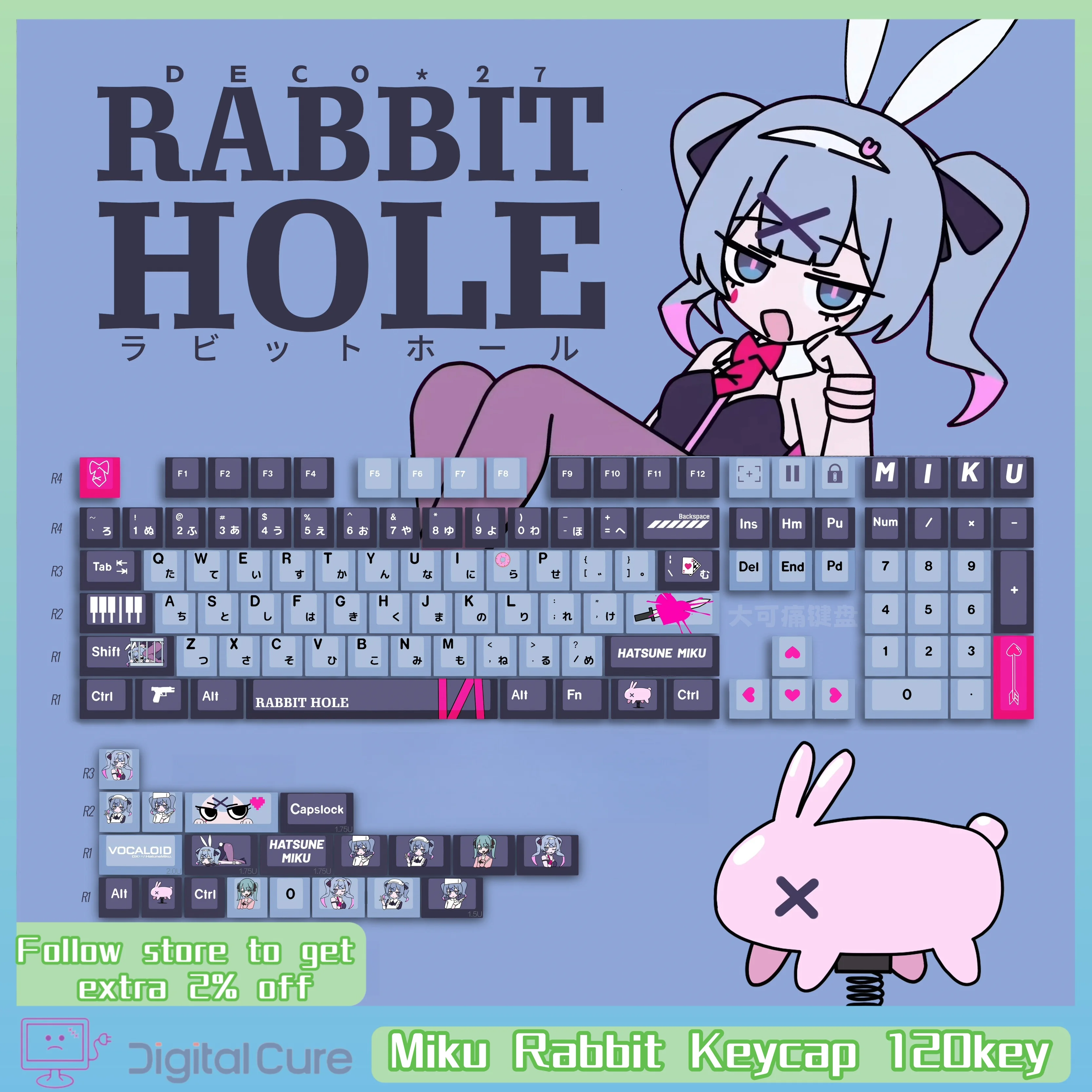 2024  Miku Rabbit Theme Keycap 120key Cherry Profile Pbt Hot Sublimation Mechanical Keyboard Animation Peripheral Game Keycap