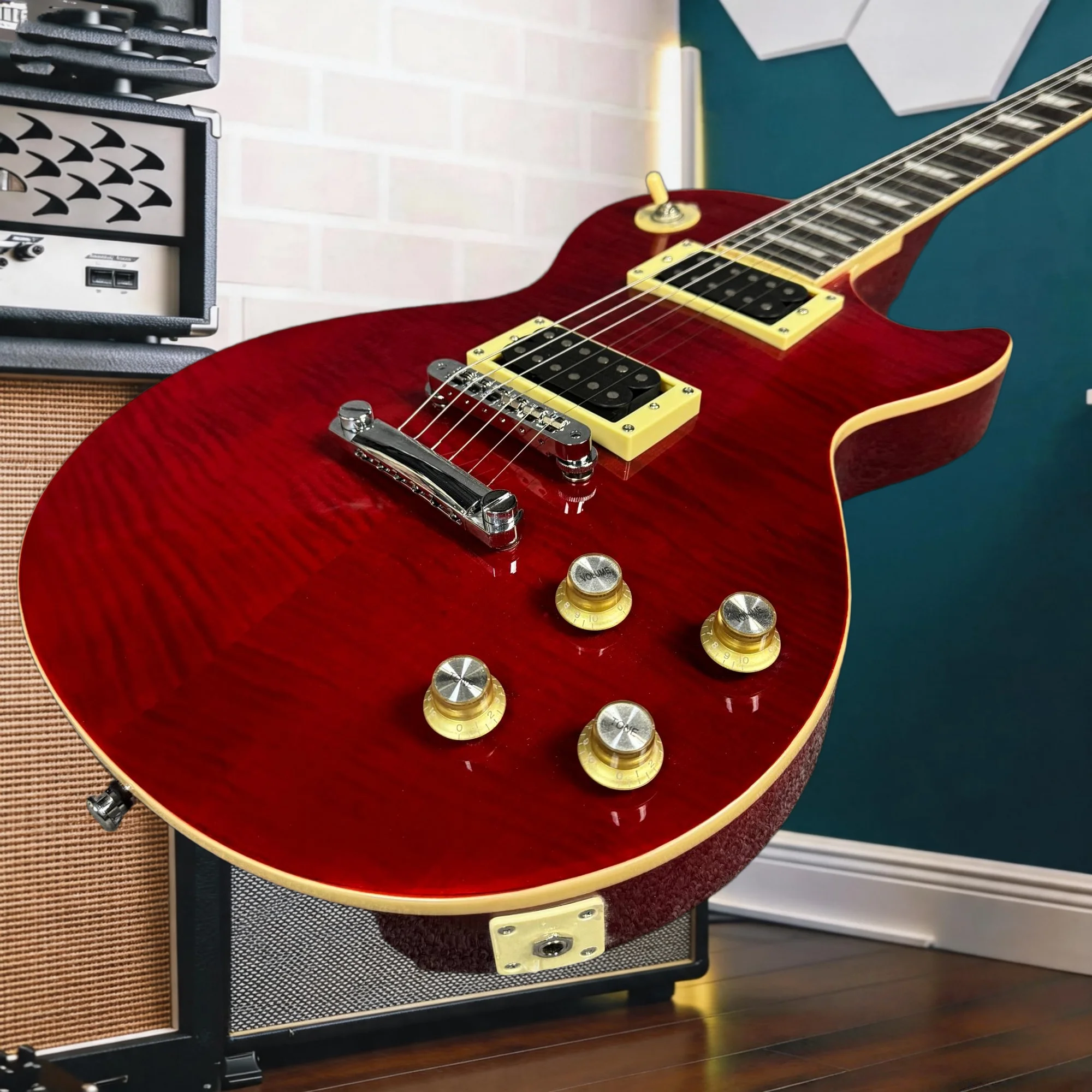 LPQ Solid Body Electric Guitar Transparent Wine Red Flamed Maple Top, HH Humbucker Pickups, Warm Long Sustain