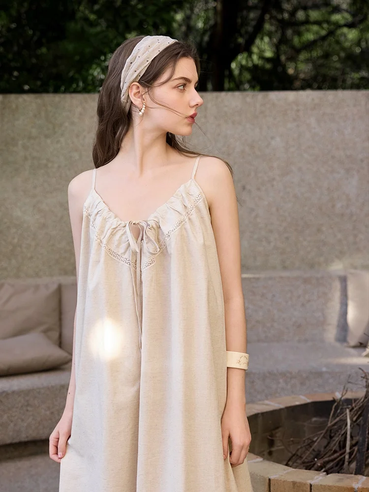 meticulous-pure-clothes-dust-women's-summer-cotton-linen-slip-dress-sleepwear-leisure-home-clothes-v-neck-mid-length-skirt