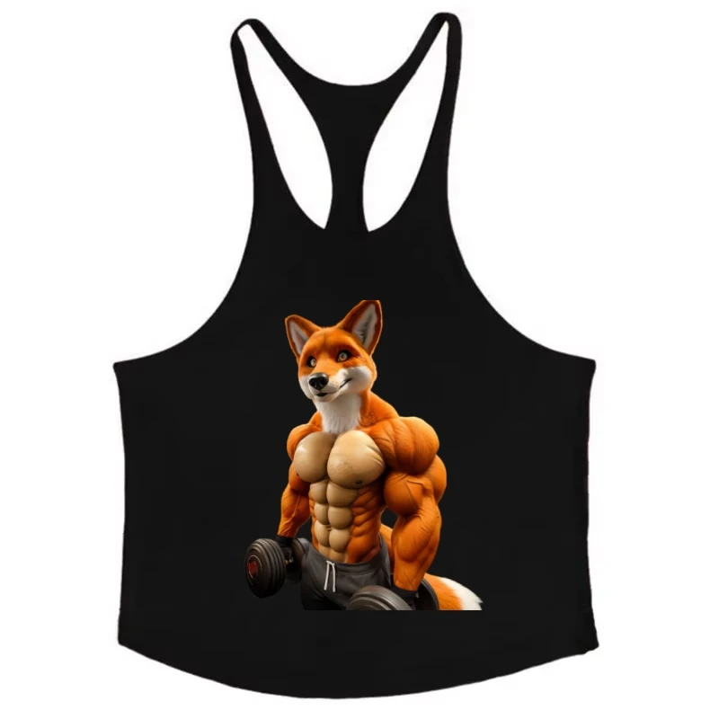 BodybuildingStringerTank, gilet da uomo con grafica Comic Muscle Fox, costruzione strutturataAccentuare le direzioni muscolari nell'allenamento