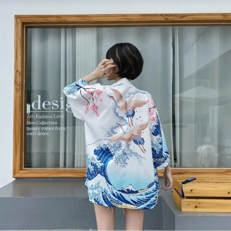 أزياء الصيف النساء الشاطئ نمط كيمونو كرين موجة طباعة هاوري قمم كيمونو اليابانية التقليدية #6